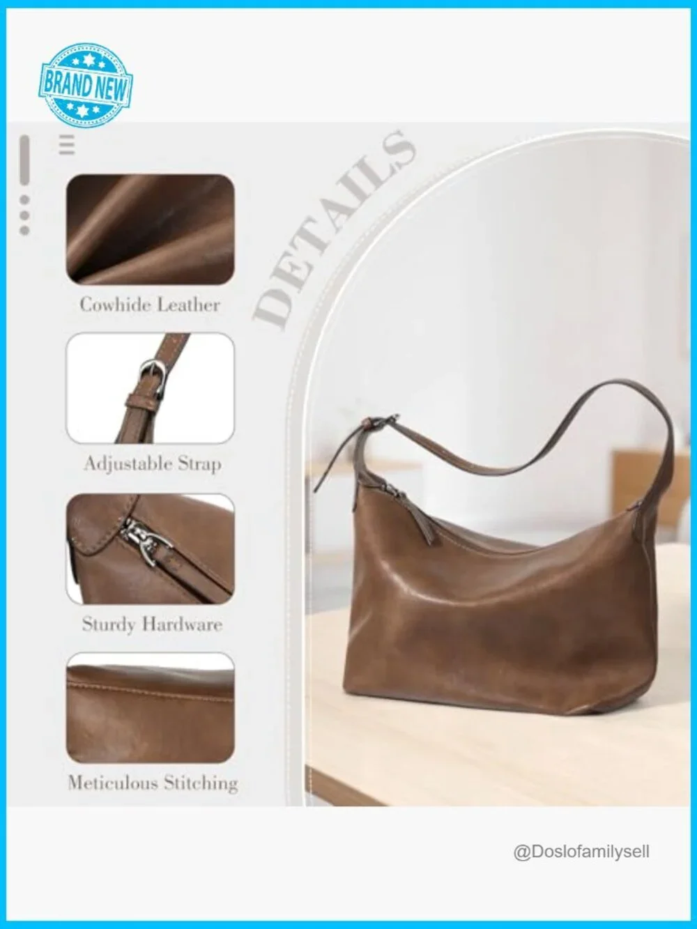 Genuine Leather Hobo Bag Slouchy Shoulder Crossbody Purse with Adjustable Strap